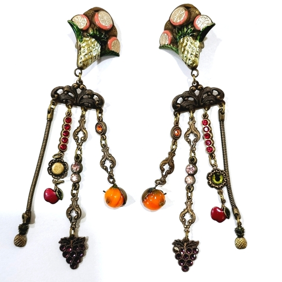 Vintage Fruit Charm Chandelier Earrings Bohemian Dangle Clip on Earrings - Picture 1 of 10